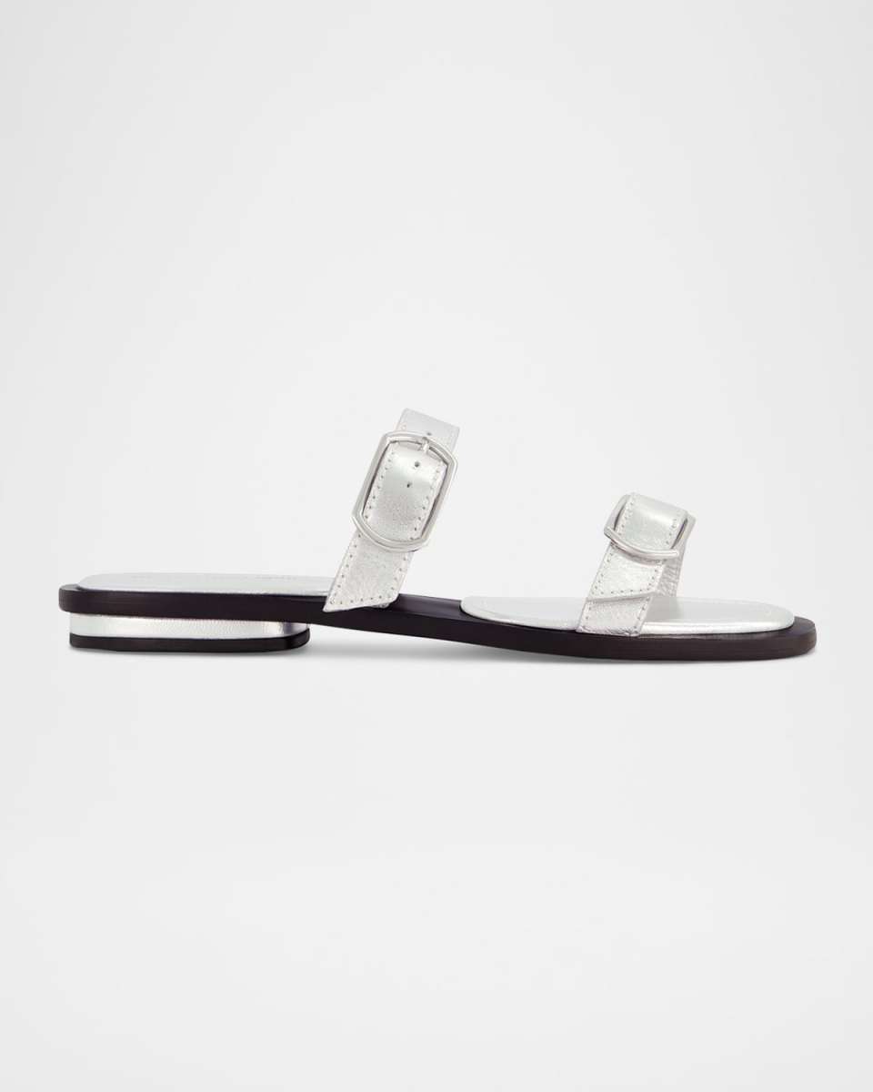 Arta Buckle Metallic Leather Flat Sandals